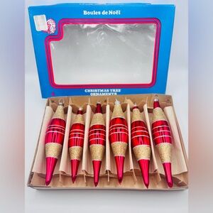 Vintage Santa Land Red Gold Glass Icicle Ornaments Set of 6 Poland